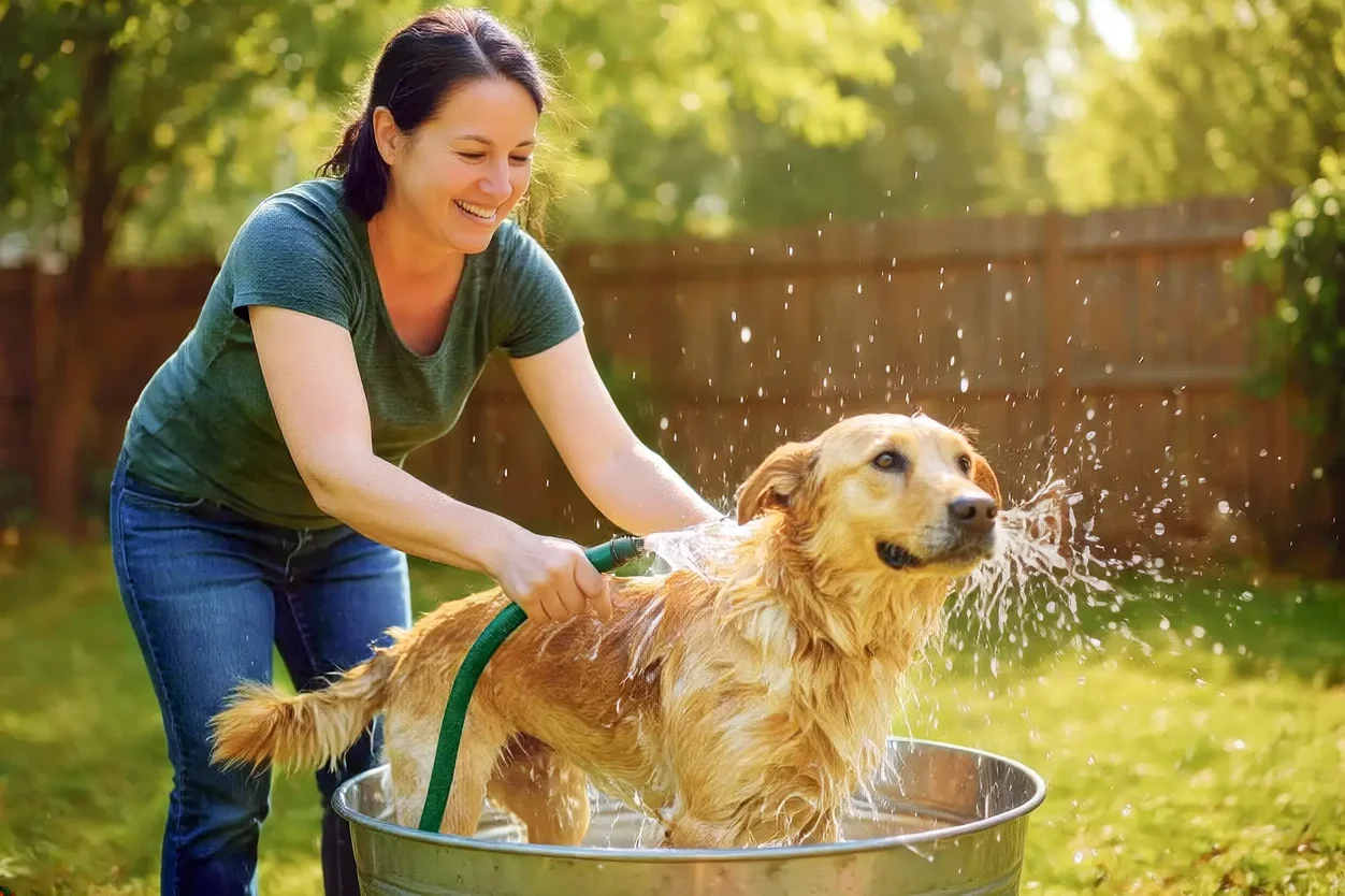 A woman washing a dog with a hose